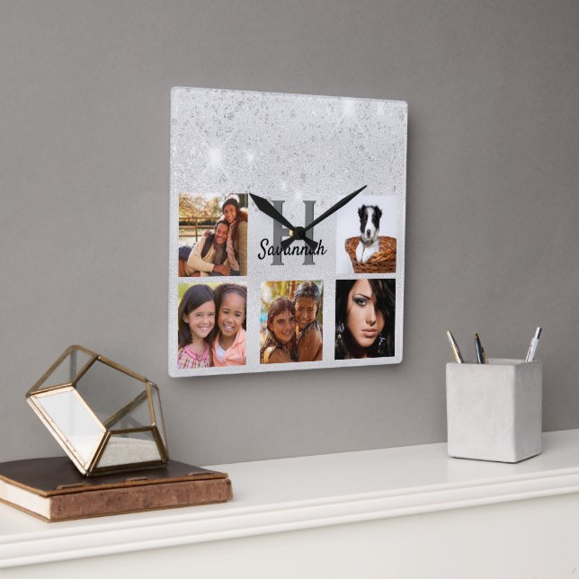 Horloge Carrée Parties scintillant argent collage photo monogramm (Bureau)