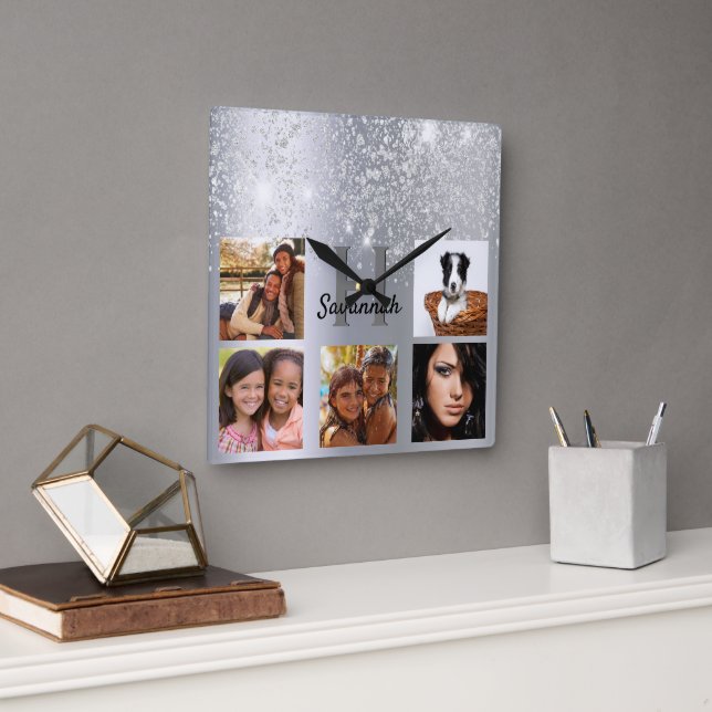 Horloge Carrée Parties scintillant argent photo collage nom glamo (Bureau)