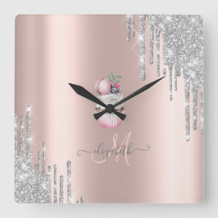 Horloge Carrée Parties scintillant argent Rose Monogramme  Cupcak