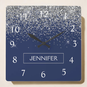 Horloge Carrée Parties scintillant bleue Silver Navy Girl Monogra