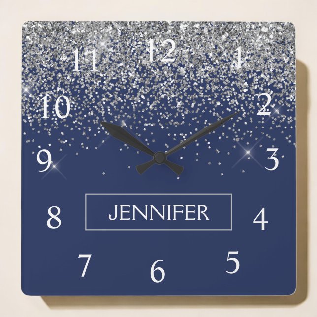 Horloge Carrée Parties scintillant bleue Silver Navy Girl Monogra (Créateur téléchargé)