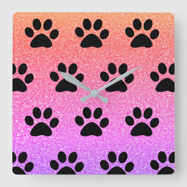 Horloge Carrée Parties scintillant d'Empreinte de patte Motif Bla (Recto)