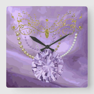 Horloge Carrée Parties scintillant d'or violet musique et bijoux