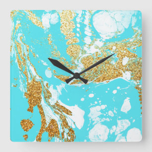 Horloge Carrée Parties scintillant en faux or turquoise en marbre