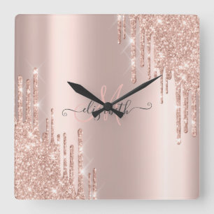 Horloge Carrée Parties scintillant modernes Rose Monogramme or