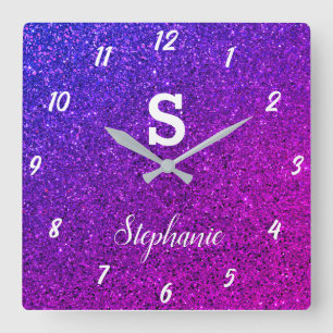 Horloge Carrée Parties scintillant Monogrammes Purple Rose Elégan