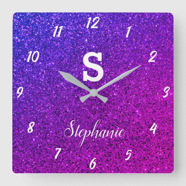Horloge Carrée Parties scintillant Monogrammes Purple Rose Elégan (Recto)