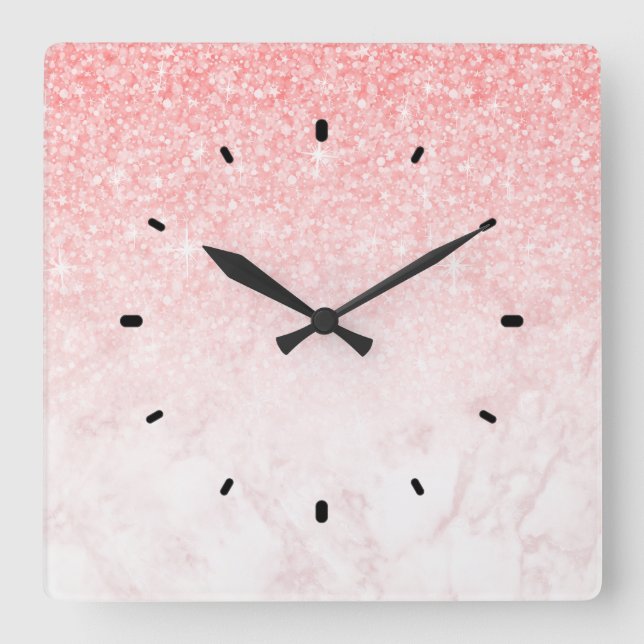 Horloge Carrée Parties scintillant rose et marbre or rose ombre (Recto)