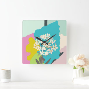 Horloge Carrée Pastel Abstrait Artistic Floral Blocs couleur