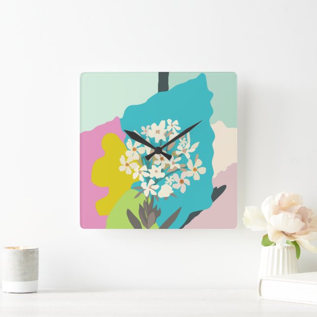 Horloge Carrée Pastel Abstrait Artistic Floral Blocs couleur (Maison)