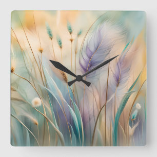Horloge Carrée Pastel Abstrait Whispers of Nature, Grasses III