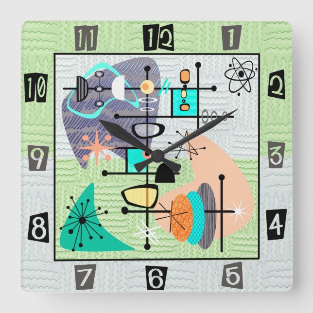 Horloge Carrée Pastel Atomic Modern Mid Century (Recto)