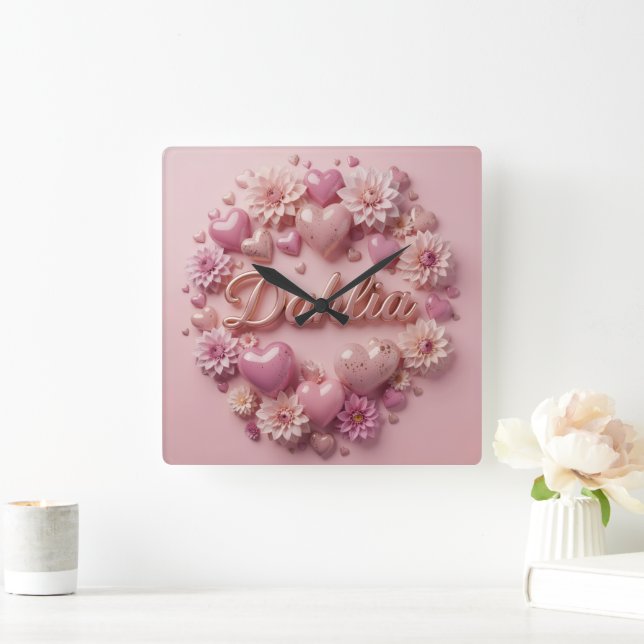 Horloge Carrée Pastel Dahlia Bloom Art with Hearts (Maison)