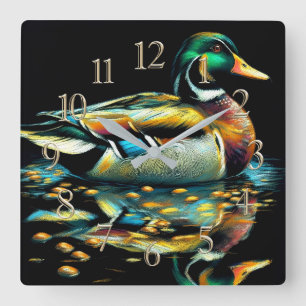 Horloge Carrée Pastel Dessin de canard sur l'eau