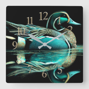 Horloge Carrée Pastel Dessin de canard Turquoise sur l'eau
