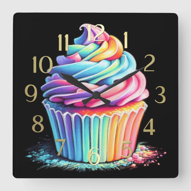 Horloge Carrée Pastel Dessin Rainbow Swirl Frosting Cupcake (Recto)