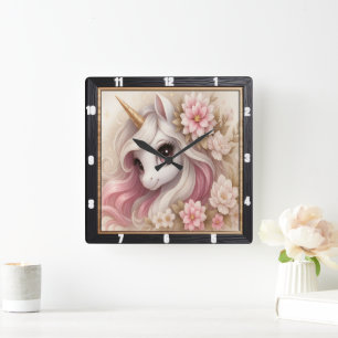 Horloge Carrée Pastel Floral Dreamy Unicorn
