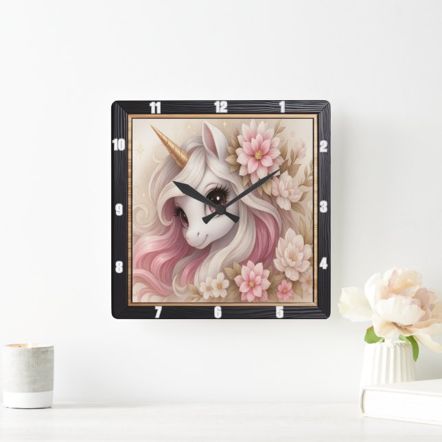 Horloge Carrée Pastel Floral Dreamy Unicorn (Maison)