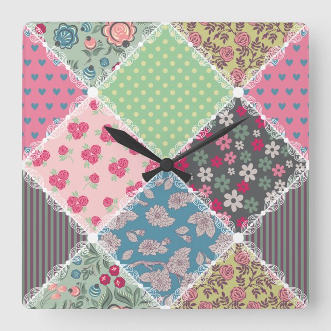 Horloge Carrée Pastel Floral Quilt Carré (Recto)