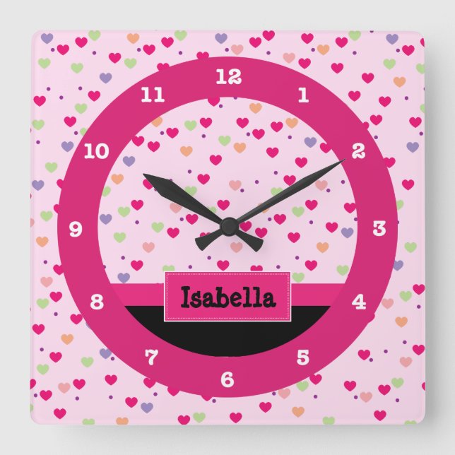 Horloge Carrée Pastel Hearts on Pink Personalized (Recto)