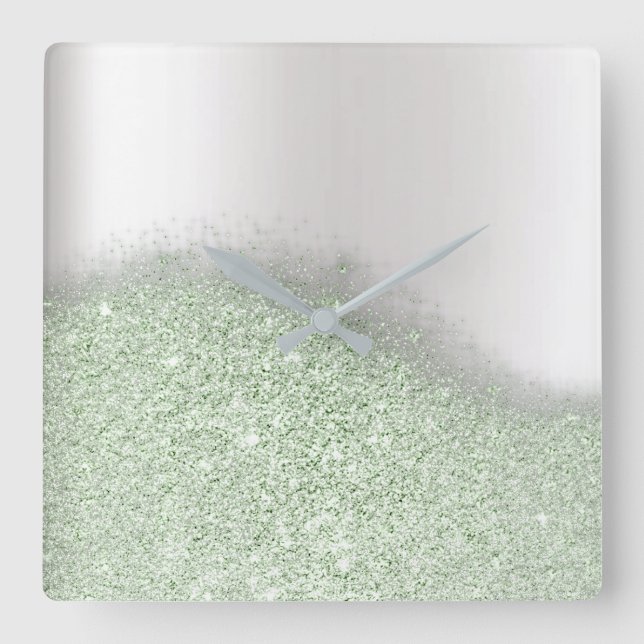Horloge Carrée Pastel Mint Glitter Silver Gray Minimum Métallique (Recto)