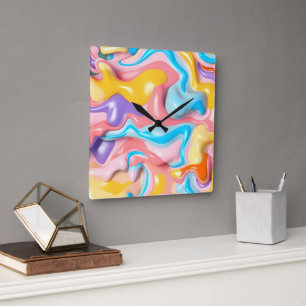 Horloge Carrée Pastel Plastic Fluid Abstrait