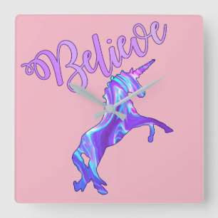 Horloge Carrée Pastel Rainbow Croire En Unicorns
