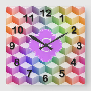 Horloge Carrée Pastel rainbow Shaded 3D Cubes Lilac Monogram