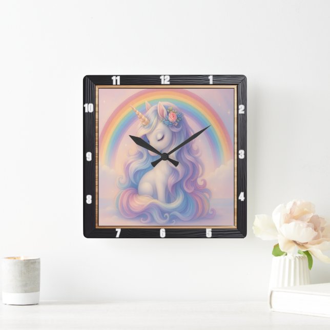 Horloge Carrée Pastel Rainbow Unicorn Dream (Maison)