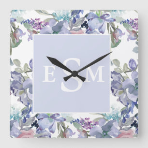 Horloge Carrée Pastel rose violet Dusty bleu Floral Monogramme