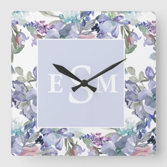 Horloge Carrée Pastel rose violet Dusty bleu Floral Monogramme (Recto)