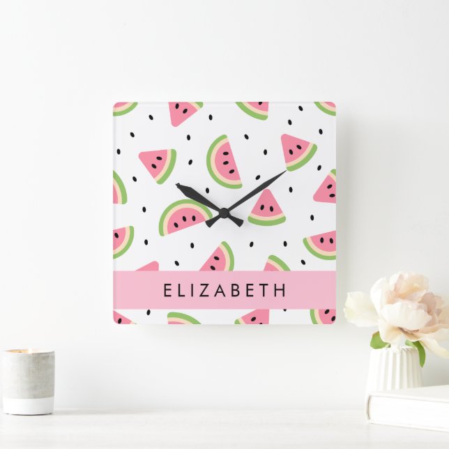 Horloge Carrée Pastèque Rose, Pâtes De Pâques, Votre Nom (Maison)