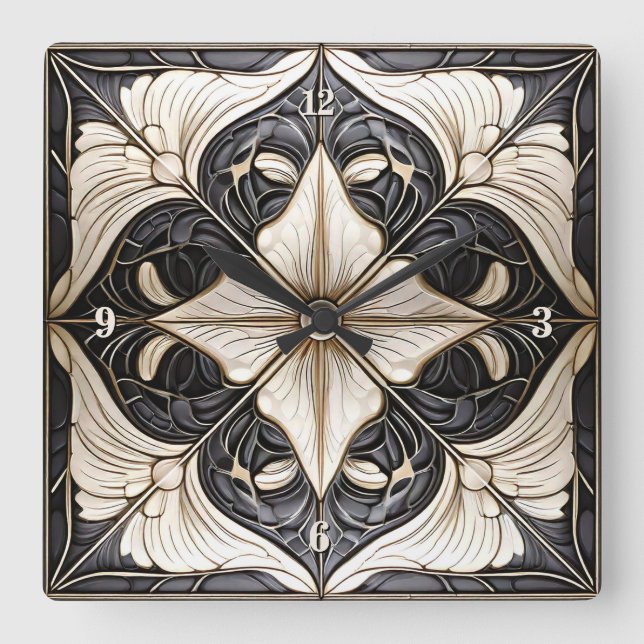 Horloge Carrée Pat en tuiles florales classique n° 11 Black Ivory (Recto)