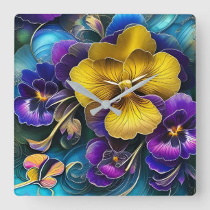 Horloge Carrée Patch de Pansy Gold et Purple