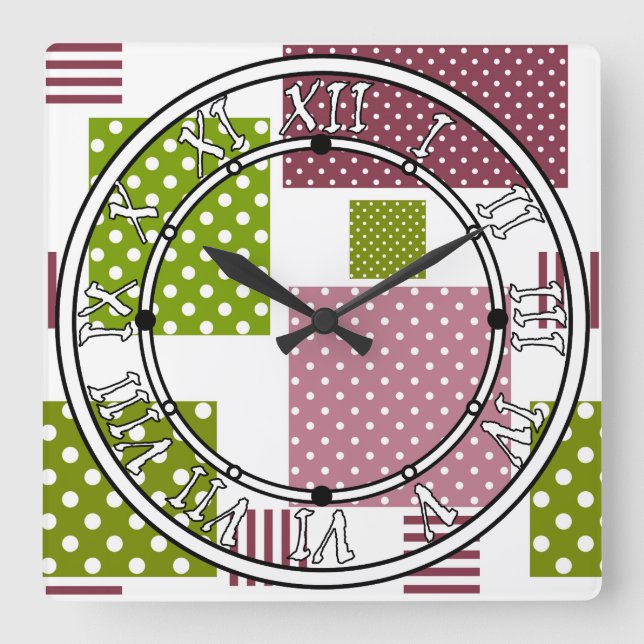 Horloge Carrée Patchwork brun vert pois dos blanc (Recto)