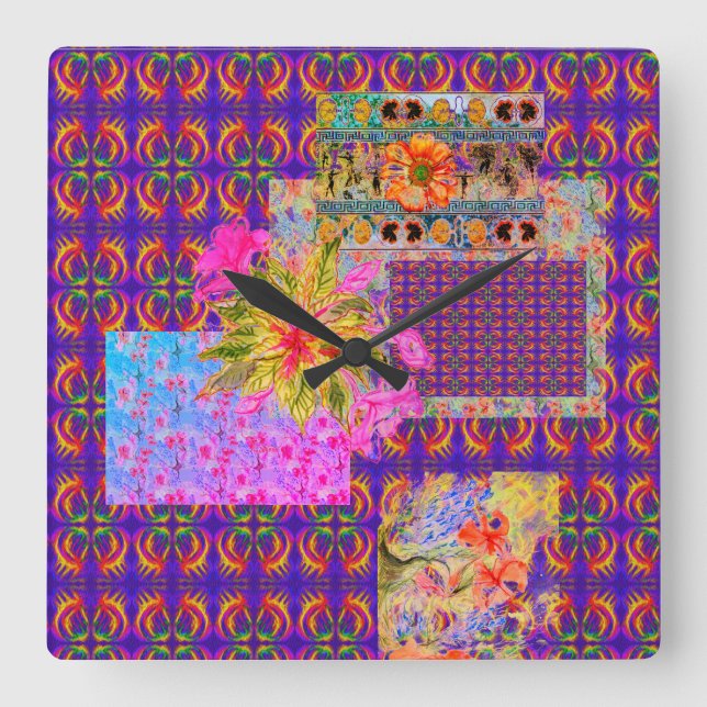 Horloge Carrée Patchwork floral fou Coloré violet tout-dessus (Recto)