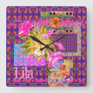 Horloge Carrée Patchwork floral fou couleur violet rose orange ro