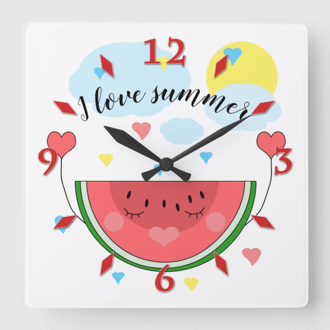 Horloge Carrée Pâte de pastèque, texte, "J'aime l'été" Carré Wal (Recto)