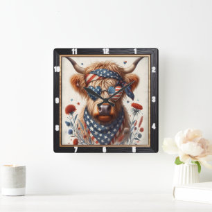 Horloge Carrée Patriotique Highland Cow Heart Wall