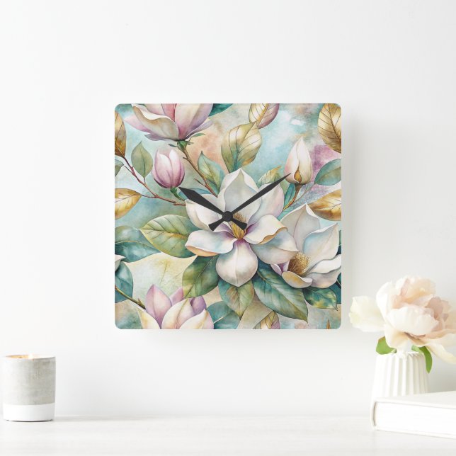 Horloge Carrée Pattern Elegant Magnolias (Maison)