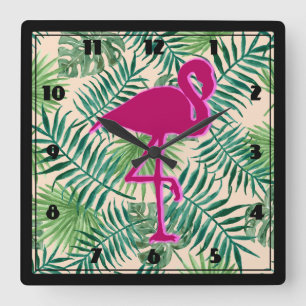 Horloge Carrée Pattern et Pink Flamingo