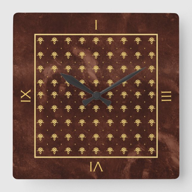 Horloge Carrée Pattern Leather Brown et Gold Damask (Recto)