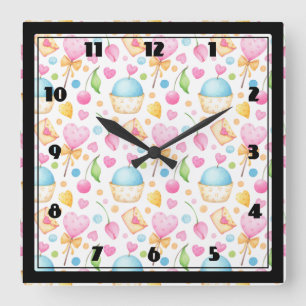 Horloge Carrée Patters de Hearts and Muffins