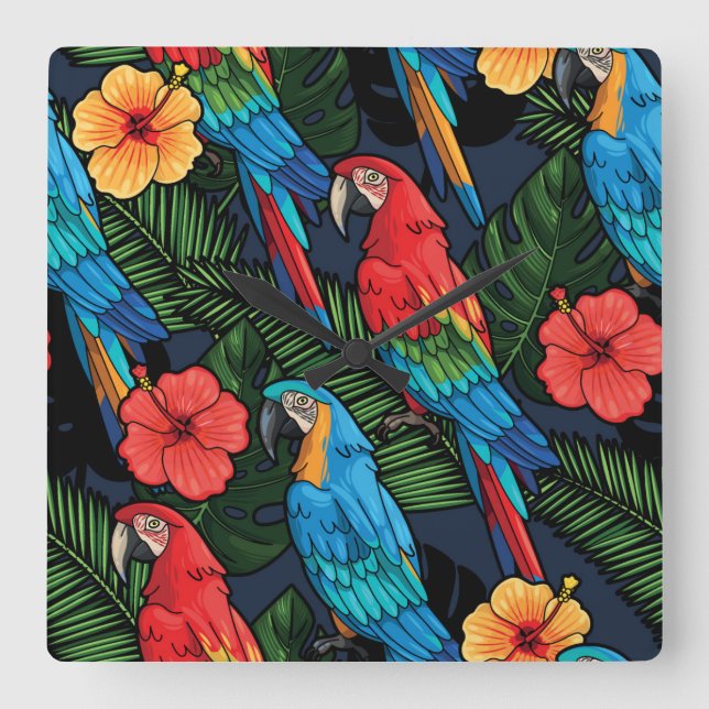 Horloge Carrée Patters de Macaw et Hibiscus (Recto)