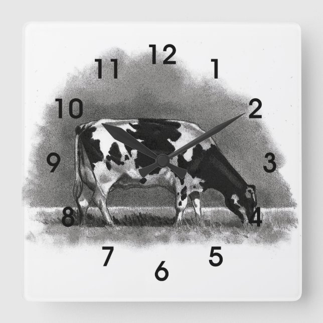 Horloge Carrée Pâturage de la vache Holstein : Art au crayon orig (Recto)