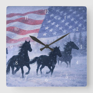 Horloge Carrée Pays Occidental Cowboy Chevaux Sauvages Drapeau