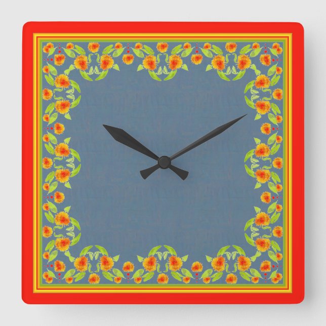 Horloge Carrée Pays Style Marigolds Bordure sur Indigo Bleu (Recto)