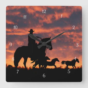 Horloge Carrée Pays Western Cowboy Chevaux sauvages