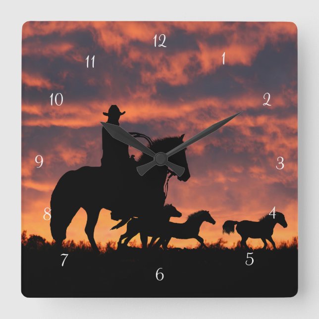 Horloge Carrée Pays Western Cowboy Chevaux sauvages (Recto)