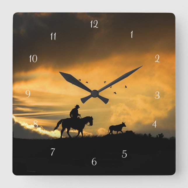 Horloge Carrée Pays Western Cowboy Horse et Steer Sunrise (Recto)